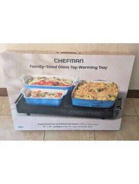 New in Box Chefman Family-Sized Glass Top Warming Tray 21 x 16